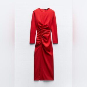 Zara XS Red Midi Dress, Round Neck, Long sleeve, Slit ans Drape in Front, Zip-up